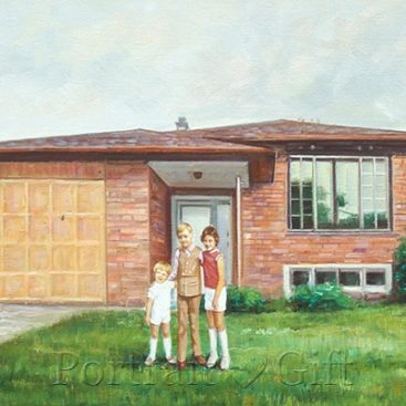 Three Kids near Their House Watercolor